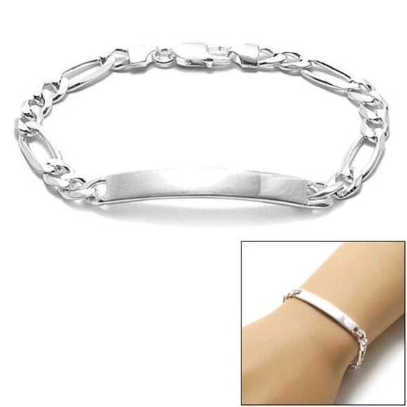 ELEGANT 7MM (180 GAUGE) STERLING SILVER FIGARO LINK ID BRACELET ENGRAVABLE PLATE - Picture 1 of 4